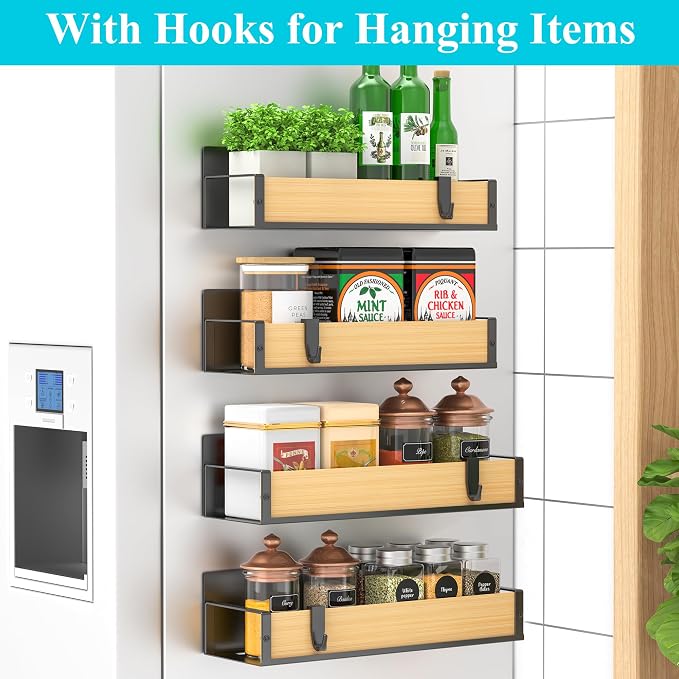4 Pack Magnetic Spice Storage Rack Organizer for Refrigerator and Oven, Wood Fridge Organizers and Storage | Magnetic Shelves Heavy Duty for Fridge in Kitchen, Seasoning Storage Organizer, For Oven Washer and Dryer, For Heavier Items