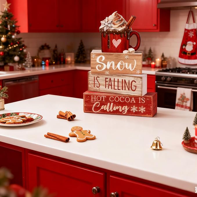 Lineshading 4 Pcs Winter Tiered Tray Set, Hot Cocoa Wood Block Signs | Rustic Farmhouse Decor for Christmas, Wooden Snow Theme Signs with Mug Topper, Layered Tabletop Display, Cozy Winter Accents