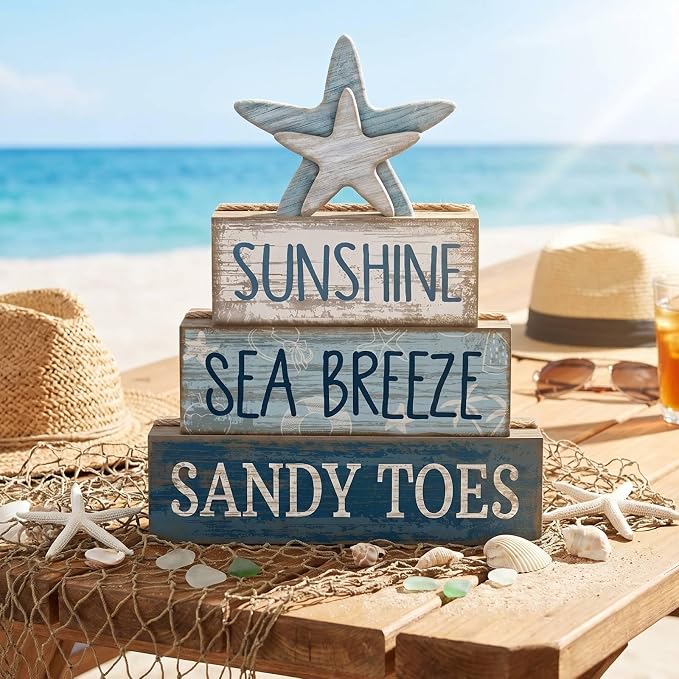 Lineshading 4 Pcs Wooden Starfish Summer Coastal Table Block Signs | Stackable Tiered Tray Decor, Beach Home Accents with Distressed Wood Finish, Nautical Starfish Topper for Coastal Shelves