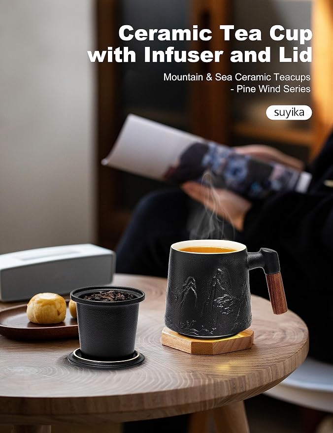 suyika Ceramic Tea Cup with Infuser and Lid 15.2 oz / 450 ml | Gradient Embossed, Large Tea Mug, Wooden Handle Tea Lover Gifts
