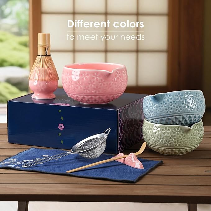 7Pcs Matcha Whisk Set, Matcha Set Whisk and Bowl,Bamboo Scoop, Scoop Rest, Sifter and Tea Towel, Matcha Kit W/Carved Cherry Blossm Pattern for Matcha Lovers (Sakura Pink) | Bamboo Scoop, Scoop Rest, Sifter and Tea Towel, Matcha Kit W/Carved Cherry Blos...