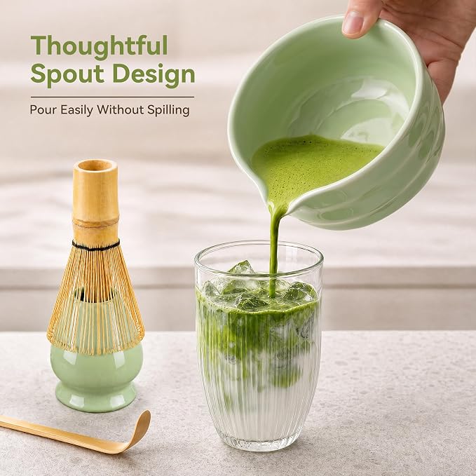 Matcha Whisk Set with Ceramic Bowl - Complete Matcha Making Kit, Bamboo Whisk (Chasen), Whisk Holder, Matcha Powder Sifter, Scoop, Japanese Tea Ceremony Tools（Green）
