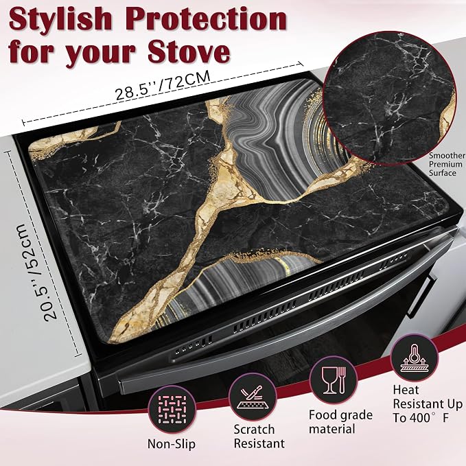Black Gold Marble Electric Stove Top Cover Protector,Glass Flat Top Stove Mat,Heat-Resistant Oven Induction Cooktop Mat for Ceramic Countertop Mats Dish Drying Mat