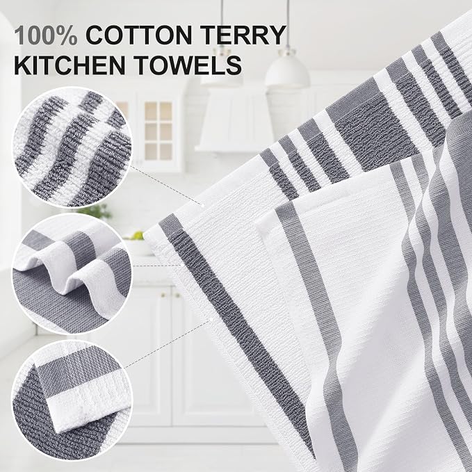 Homaxy Premium Cotton Stripe Kitchen Towels 8 Pack, 18"x 28", Grey | Large 380 GSM Kitchen Hand Towels, Soft Terry Dish Towels, Highly Absorbent Tea Towel Set with Hanging Loop
