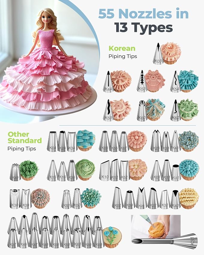 Kootek 90 Piping Bags and Tips Set Frosting Piping Kit for Beginners & Pros | Storage Case, Baking Supplies Kit, 55 Numbered Icing Tips, 20+2 Piping Bags, Pattern Chart, for Cupcake Cookie Cake Decoratin