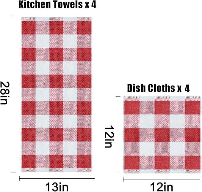 Homaxy Kitchen Towels and Dishcloths Set, Set of 12, White & Red | Bulk Cotton Waffle Weave Check Plaid Kitchen Towels, Super Soft and Absorbent Dish Cloths, 12 x 12 and 13 x 28 Inches