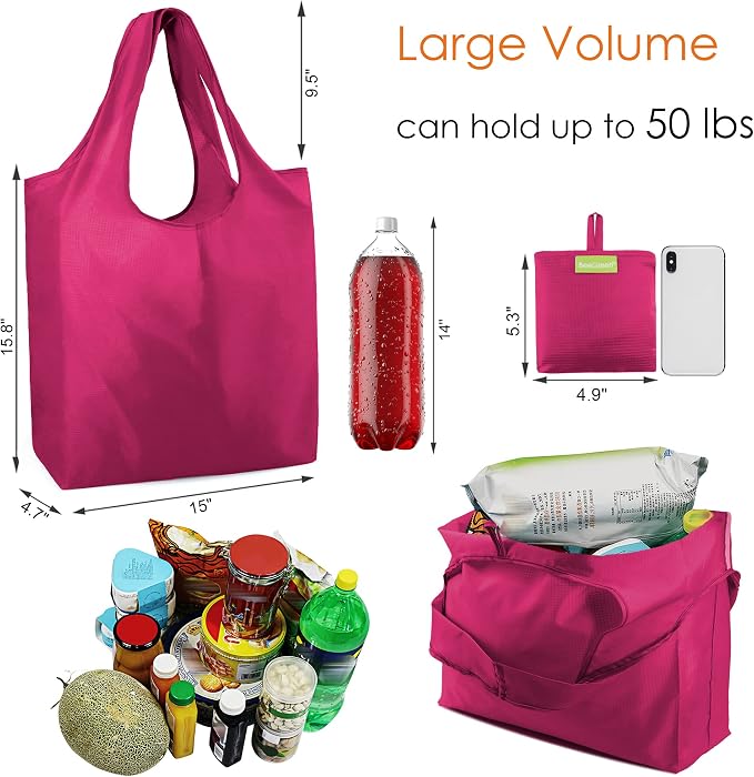 BeeGreen Cerise Reusable Grocery Bags Wholesale Reusable Kitchen Bags Bulk Foldable-Machine Washable with Zipper Storage Pouch 50 Packs