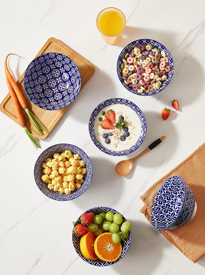 Metahom Cereal Bowls Set of 6, Ceramic Soup Bowls, 23 Oz, Blue and White | Porcelain Kitchen Bowls for Salad, Dessert, Pasta, Fruit, Ice Cream, Dishwasher & Microwave Safe, Stackable Design