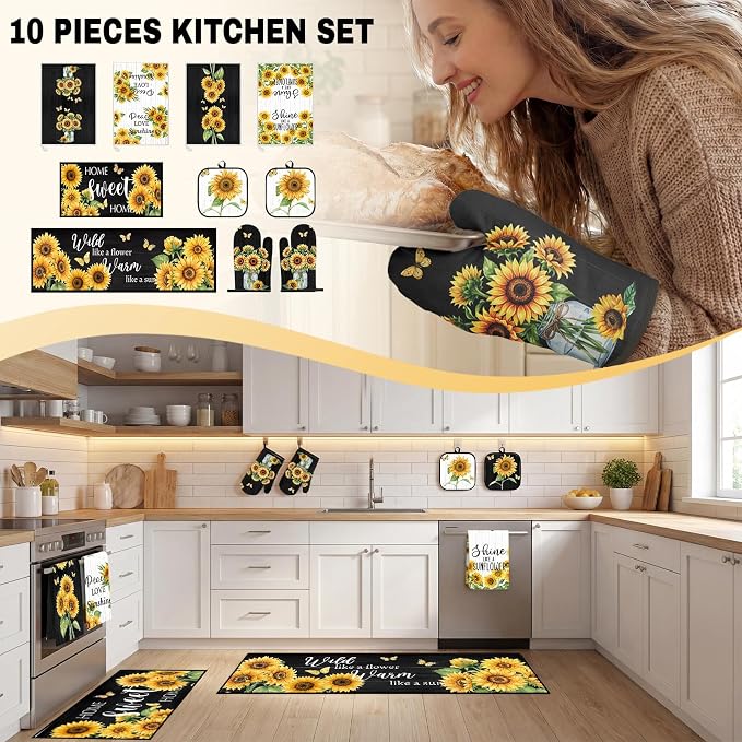 10 Pcs Kitchen Decor and Accessories Set, Sunflower | Floral Farmhouse 4 Dish Towels Kitchen Rugs 2 Oven Mitts 2 Pot Holders, Home Decor for Cooking Baking BBQ Housewarming