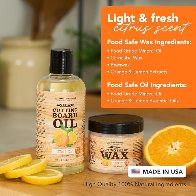 CLARK'S Cutting Board Oil & Wax Kit, Orange Lemon Scent, Food Safe - 2 Pack | Includes Food Grade Mineral Oil (12oz), Cutting Board Wax (6oz) for Cutting Boards, Butcher Blocks & Kitchen Wooden Utensils