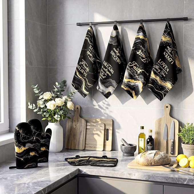 Leinuosen 8 Pcs Black and Gold Marble Kitchen Towels and Dishcloths Sets Oven Mitts and Pot Holders Absorbent Kitchen Gloves Potholders Heat Resistant for Chef Baking Cooking