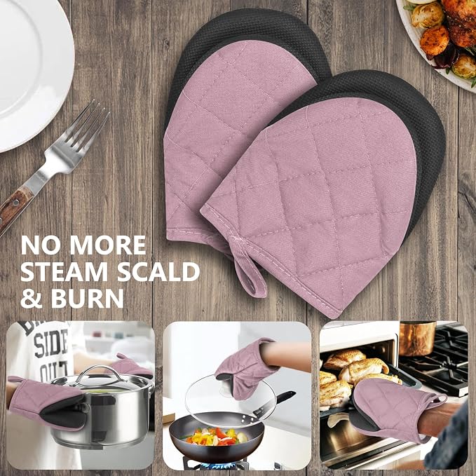 1 Pair Short Oven Mitts - Silicone Kitchen Oven Gloves High Heat Resistant 500℉, Mini Oven Mits with Non-Slip Grip Surfaces and Hanging Loop for BBQ, Baking, Cooking and Grilling (Pink)