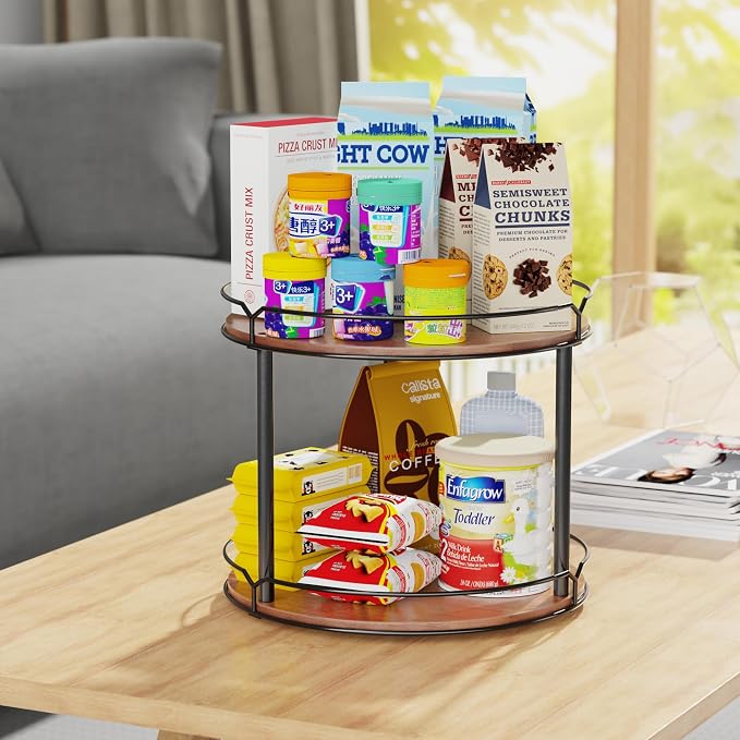 12.4" Lazy Susan Organizer 2 Tier, Rotating Spice Rack, Wooden Spinning Spice Holder for Inside Cabinet, Pantry, Kitchen, Countertop, Bathroom and Vanity, Versatile Storage