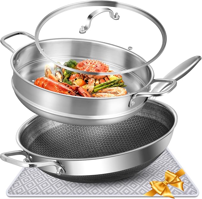 AOSION Hybrid 13 Inch Wok with Steamer, Nonstick Stainless Steel Wok | Wok Pan & Stir-Fry Pans