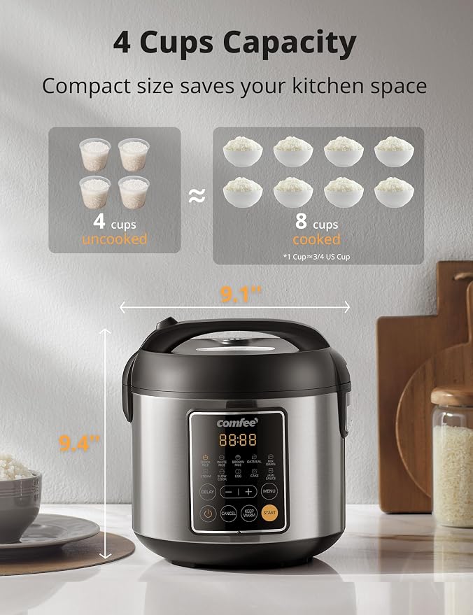 COMFEE' Small Rice Cooker with 10-Preset Options, 4-Cups Uncooked Rice