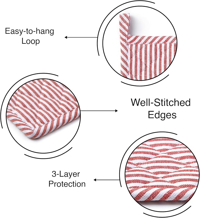 Encasa XO Pot Holders, Quilted Kitchen Hot Pads 8"x8" Ticking Red | 100% Eco-Friendly Cotton | Thick Cotton Padding Insulation | Convenient Hanging Loop | Set of 2