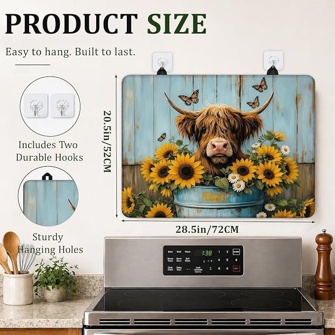 Highland Cow Stove Top Cover for Electric Stove 28.5"x 20.5",Cow Sunflower Wood Heat Resistant Glass Top Stove Cover Protector, Glass Cooktop Covers, Kitchen Flat Electric Stove Top Covers