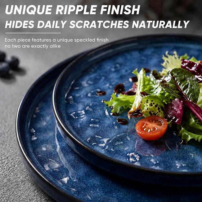 E-far Stoneware Dinnerware Set, 12-Piece Plates and Bowls Sets for 4 | Modern Dishes for Kitchen Dining, Reactive Glazing & Ripple Design, Chip Resistant, Microwave & Dishwasher Safe, Starry Blue