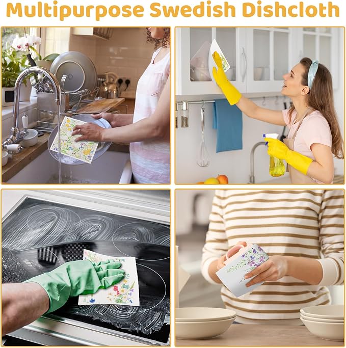 6 Pack Spring Floral Swedish Dishcloths for Kitchen, Absorbent Dish Cloths | Swedish Rags Dish Towels with Adhesive Clips, Reusable Paper Towels No Odor for Cleaning Sink Kitchen