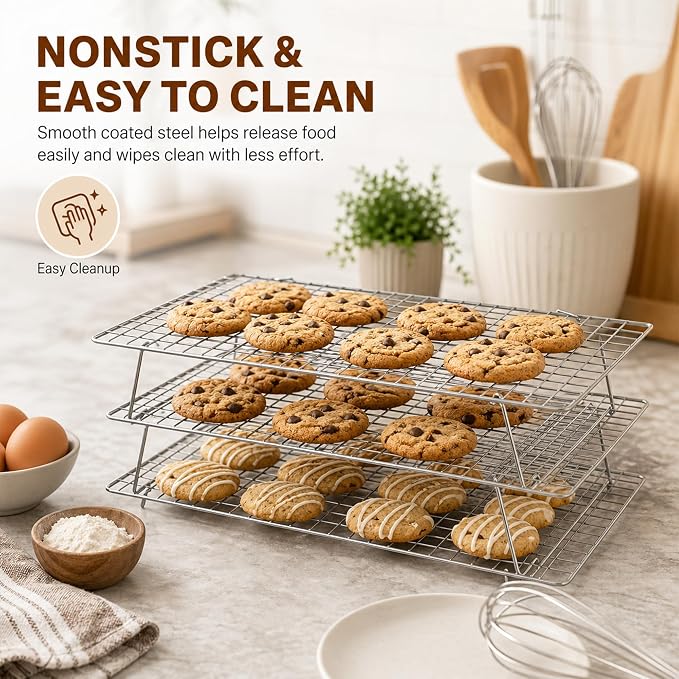 Cooling Rack 16"x10", 3-Tier Stackable & Collapsible Cooling Racks | Cooling Racks for Cooking and Baking, Roasting, Grilling, Oven & Dishwasher Safe (Silver, 3-Tier-SL)