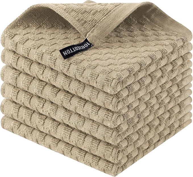 Homaxy 100% Cotton Terry Dish Cloths, 12"x12", 6-Pack, Tan | Ultra Soft Absorbent Dish Towels with Hanging Loop, Pineapple Grid Designed