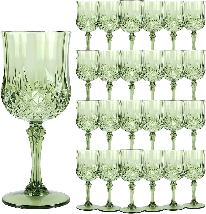 24Pack Plastic Wine Glasses, 7oz Vintage Goblets for Wedding | Unbreakable Crystal Style Reusable Stemware, Elegant New Green Drinking Glass for Party Anniversary & Holiday Celebration