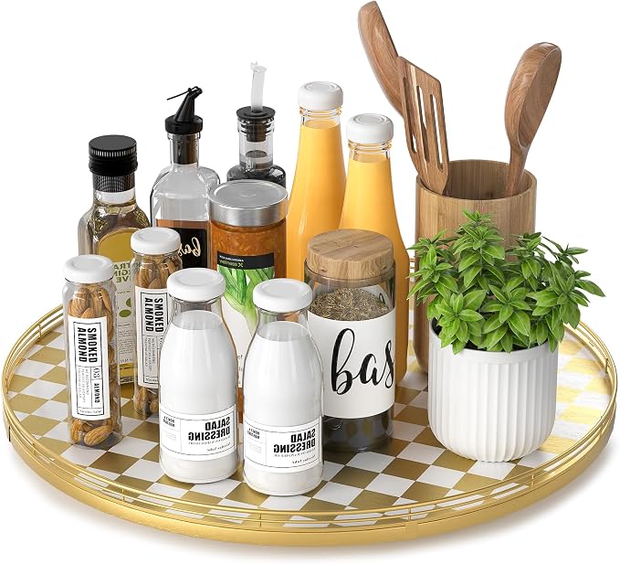 Gold and White Checkerboard Lazy Susan with Rubberwood Base and Metal Rail | Smooth rotating oak tray with walnut finish for dining tables, kitchen counters, pantries and cabinet storage.