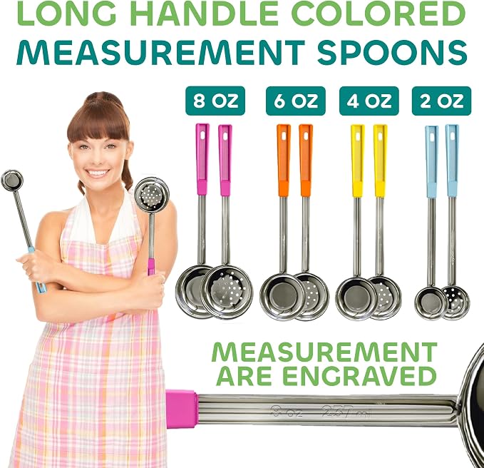 Portion Control Serving Spoons, 8 Piece Set | Restaurant Measuring Serving Ladle Utensils, Includes 2, 4, 6, 8 oz Solid & Perforated Scoops, 14-1/4" Long
