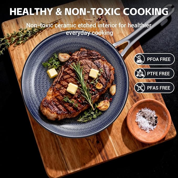 Ammeloo Hybrid Tri-Ply Stainless Steel Frying Pans Set, 8"/9.5"/11" Cooking Pans, Non Stick Frying Pans and Skillets, Chef Pan, Non Toxic, Dishwasher Safe, Induction Compatible, Blue Interior