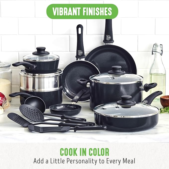 GreenLife 16 Piece Ceramic Nonstick Pots & Pans Cookware Set, Black | PFAS-Free Nonstick Coating, Stockpot, Frying Pans, Saucepans, Sauté Pan, Stay-Cool Handles, Dishwasher & Oven Safe up to 350F