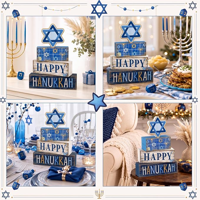 Lineshading 4 Pcs Wooden Hanukkah Block Signs Farmhouse Tiered Decor | Rustic Wood Tabletop Pieces, Stacked Design, Star of David Theme, Festival Centerpiece for Home, Celebration Gift