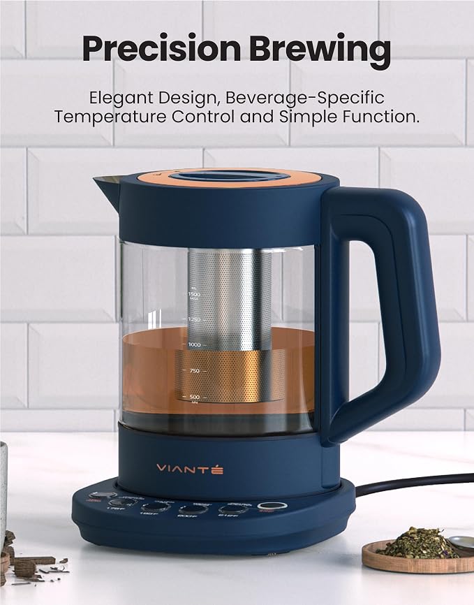 Viante Alba Electric Tea Kettle, Infuser, No Plastic, 1.5L, Midnight Blue | Borosilicate glass & 304 stainless steel construction. 4 temp presets, keep-warm, cordless, auto shut-off