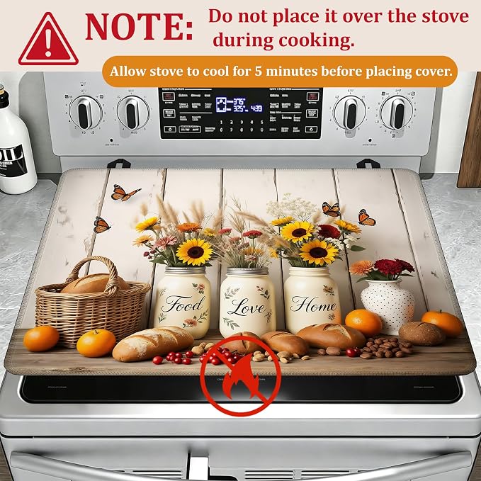 Farmhouse Flowers Stove Top Covers for Electric Stove,Rustic Bread Food Glass Top Stove Cover, Heat Resistant Range Covers for Electric Stove,Washable Countertop Mat, 28 x 20 Inch