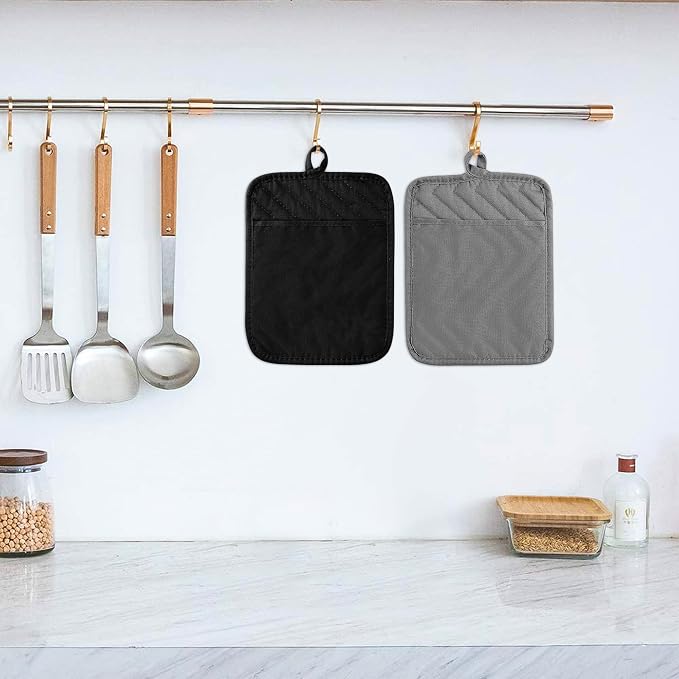 5Pack Pot Holders for Kitchen Heat Resistant Cotton Potholder Multipurpose Hot Pad Machine Washable Oven Mitts with Pocket Potholders for Baking and Cooking 8.9 x 6.9 in Gray Black