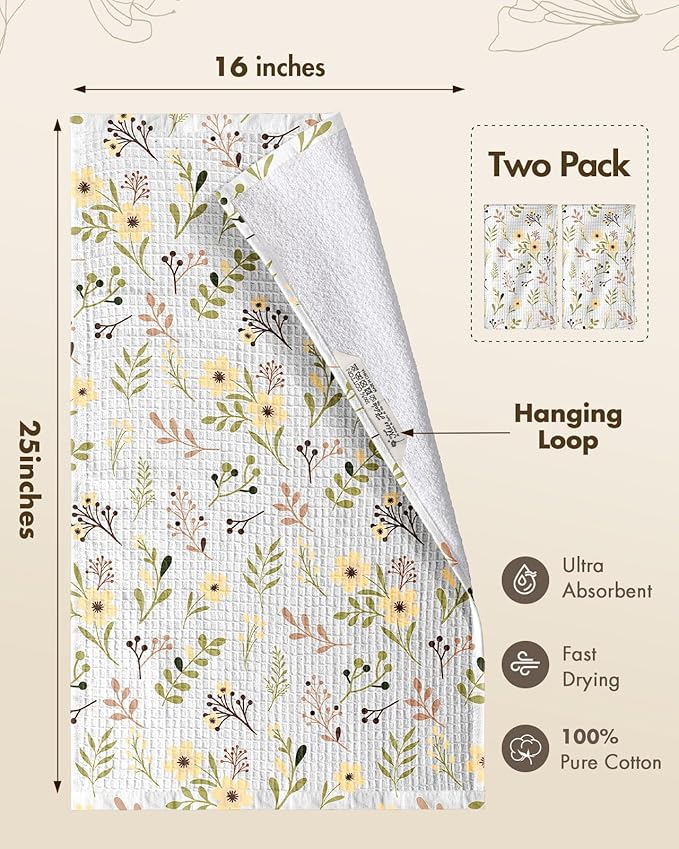 370GSM Cotton Waffle Kitchen Towels, Flower | Pure Cotton, Sustainable, Waffle Weave, Terry Cloth, Highly Absorbent, Decorative, 16"x25", with Hanging Loop