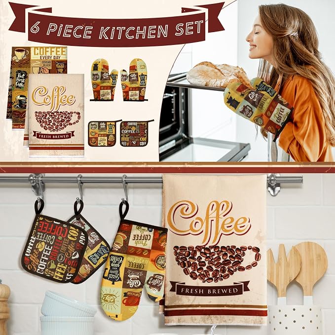 Bencailor 6 Pcs Coffee Kitchen Decor Coffee Kitchen Towels Brown Pot Holders and Oven Mitts Sets 2 Farmhouse Cooking Mittens for Cooking Grilling Supply Accessories