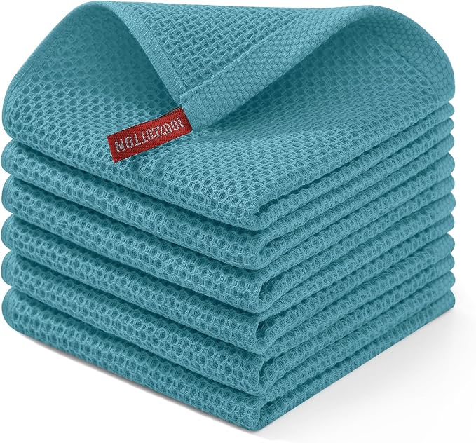 Homaxy 100% Cotton Waffle Weave Kitchen Dish Cloths 6-Pack, Lake Blue | 12 x 12 Inches, Ultra Soft Absorbent Dish Towels, Quick Drying Dish Rags with Hanging Loop