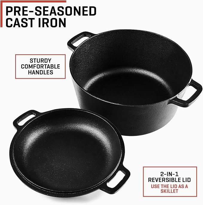 Uno Casa 2-in-1 Cast Iron Dutch Oven Large - 5 Quart Dutch Oven Pot with Lid, Pre-Seasoned Cooking Dish for Bread Baking and Stews - Heavy Duty Cast Iron Pot with Detachable Frying Pan Lid for Versatile Cooking