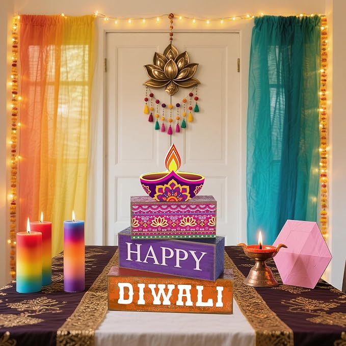 Lineshading 4 Pcs Wooden Diwali Tiered Tray Decor, Block Signs for Home | Rustic Farmhouse Style with Happy Diwali Lamp Design, Stackable Blocks for Tiered Tray, Festival Home Gift Decor