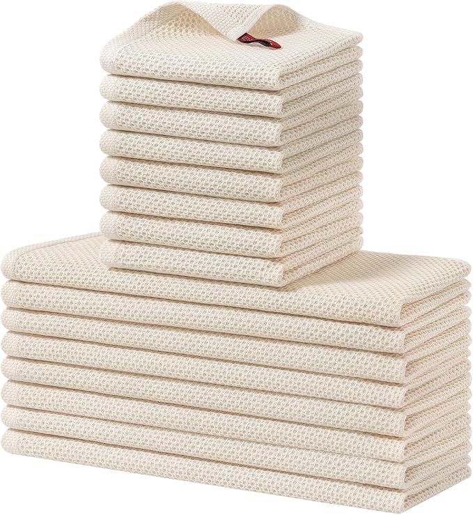 Homaxy 16 Pack 100% Cotton Kitchen Towels and Dishcloths Set, Beige | 12 x 12 Inches and 13 x 28 Inches Kitchen Towels Set, Ultra Soft Absorbent Dish Cloths for Washing Dishes
