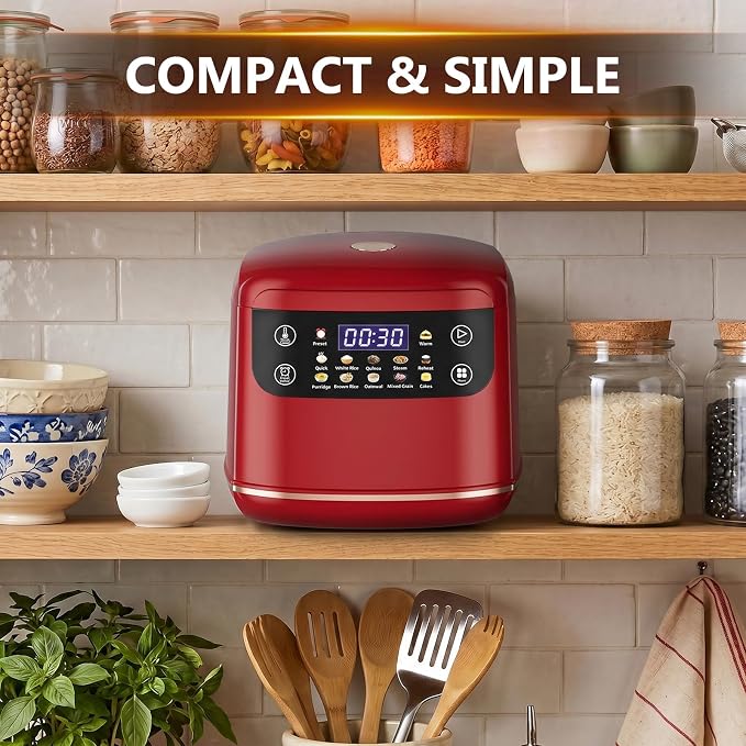 Portable Digital Rice Cooker, 6-Cup (Uncooked)/12-Cup (Cooked) Small Rice Maker with Steaming Basket, Mini Rice Cooker with 2L Removable Nonstick Inner Pot, 10 Menu Options, Auto Keep Warm, 24 Hour Delay Timer (Dark Red)