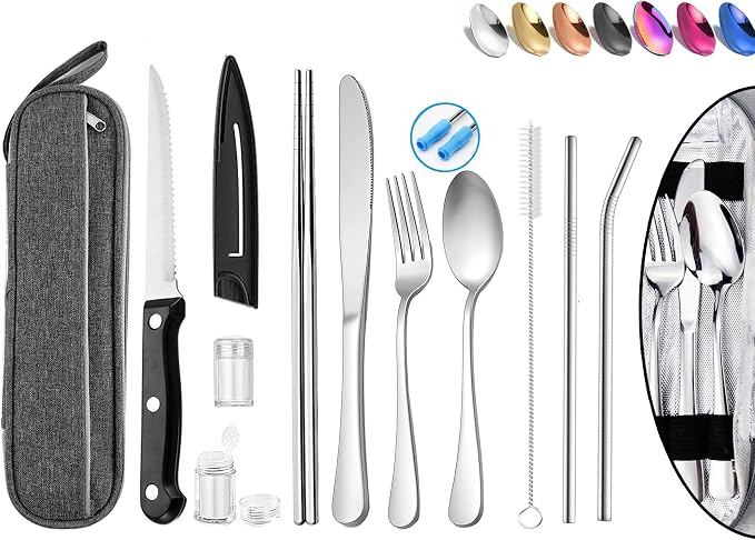 Portable Reusable Travel Utensils Silverware with Case,Camping Cutlery set,Chopsticks and Straw, Flatware Cutlery Set with Case, Stainless steel Travel Utensil set Top (Silver)