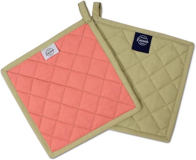 Encasa XO Pot Holders, Quilted Kitchen Hot Pads 8"x8" | Sage & Coral, 100% Cotton | Heat Resistant | Hanging Loop | Multipurpose Trivets | Machine Washable | Set of 2