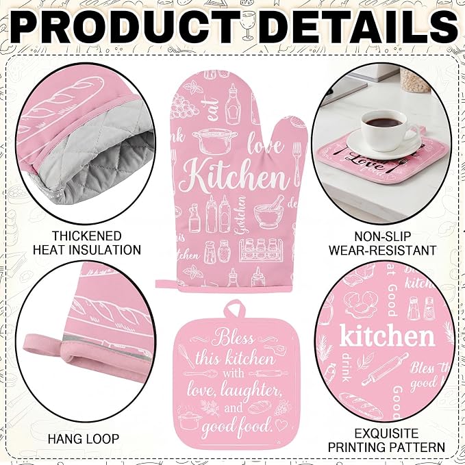 10 Pcs Kitchen Decor and Accessories Set, Pink Retro | Baking Cute Happiness 4 Dish Towels Kitchen Rugs 2 Oven Mitts 2 Pot Holders, Home Decor for Cooking Baking BBQ Housewarming