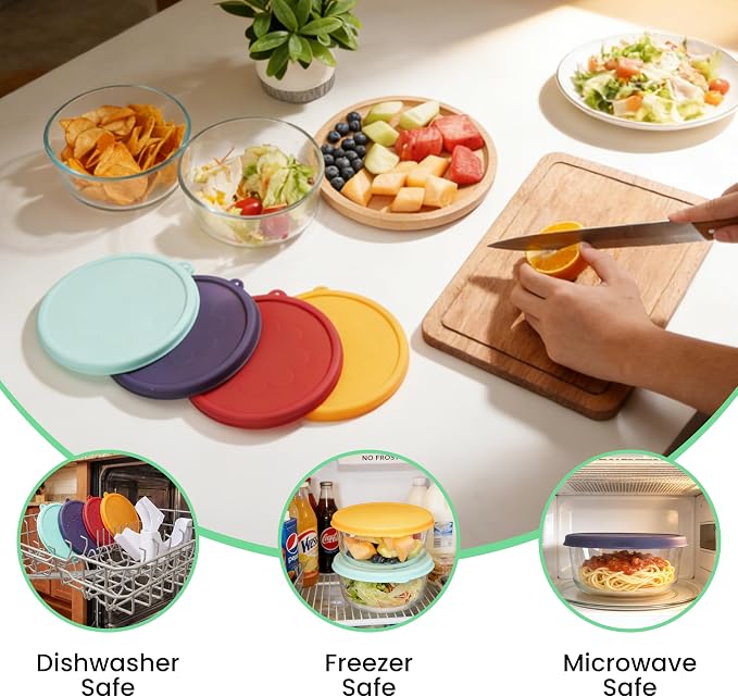 4 Cup Silicone Lid & Lid Organizer - 4 Pack Replacement Lids for Pyrex 7201-PC Glass Bowls and Anchor Hocking 4 Cup Glass Bowls & 2 Pack Adjustable Organizers for Kitchen Cabinet Storage