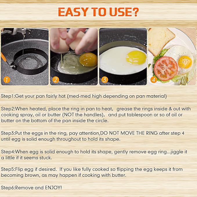 Patelai 6 Pcs Egg Rings for Griddle Nonstick Pancake Molds,4, 6 Inch | Stainless Steel with Orange Silicone Handle, Fried Egg Shapers Molds, Adjustable for Breakfast Omelette Sandwich