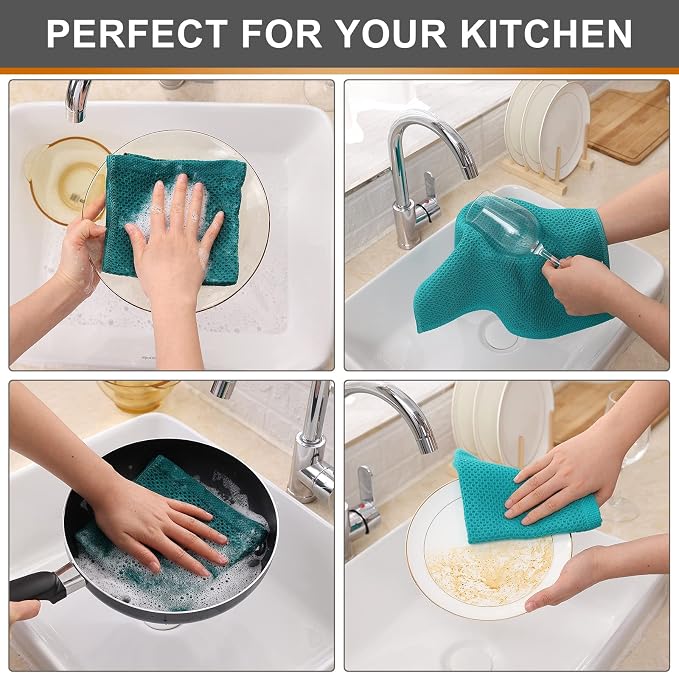 Kitinjoy 100% Cotton Waffle 12-Pack Kitchen Towels, 12" x 12", Teal | Ultra Absorbent, Super Soft, lightweight, Quick Drying Dish Rags for Washing Dishes
