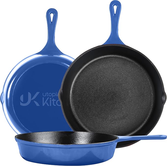Utopia Kitchen Cast Iron Skillet Set 3 Piece 6 8 10 Inch PFAS-Free Blue | Chef Pan, Even Heat Distribution, Stovetop, Campfire and Grill Safe, Large Skillet Set, Indoor Outdoor Use