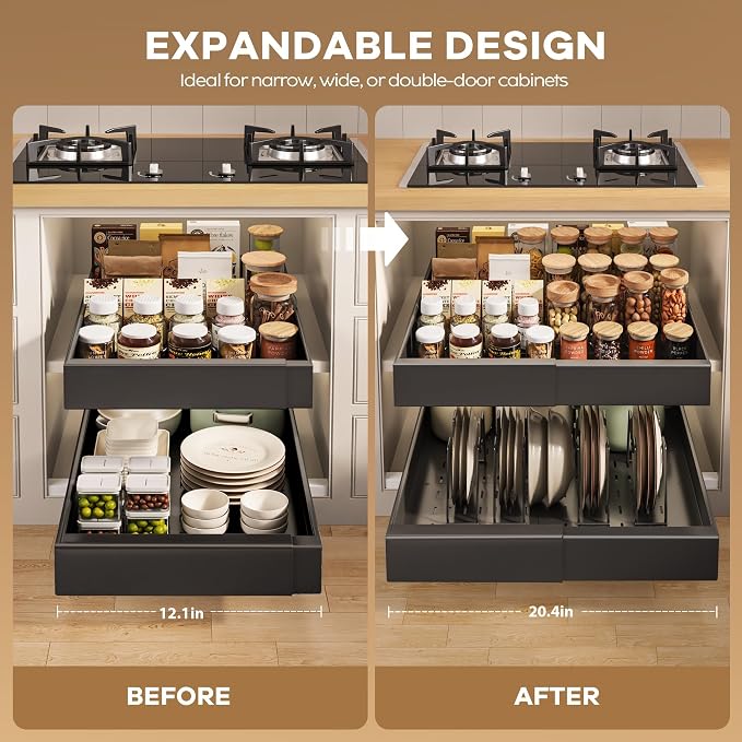 Seinloes 2 Pack Pull out Cabinet Organizer 21"Deep With Raising Pad for Framed Cabinets, Expandable Slide out Drawers for Kitchen Cabinets with 4pcs Divider Racks, Roll out Shelves 12.1"-20.4" W Black