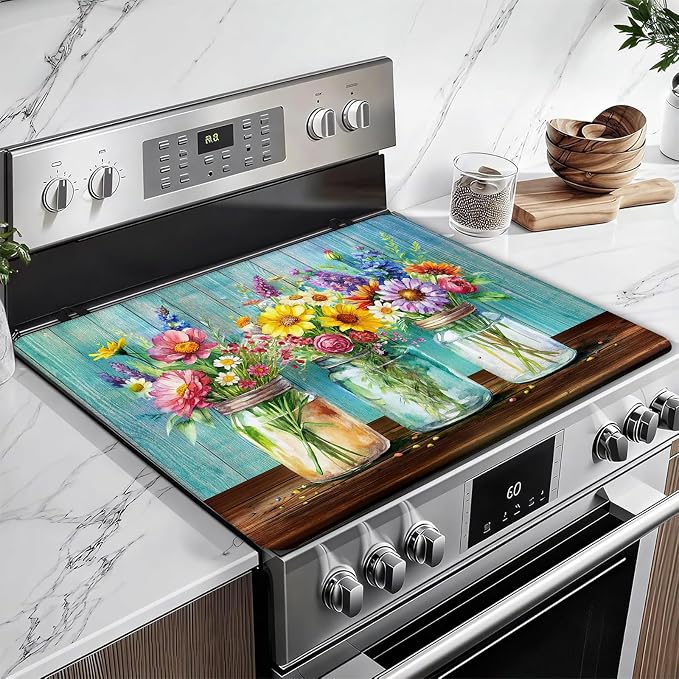Flower Vase Stove Top Covers for Electric Stove, Electric Gas Stove Pad Heat Resistant Range Cooktop Protector for Home Decor Kitchen 28"x20"